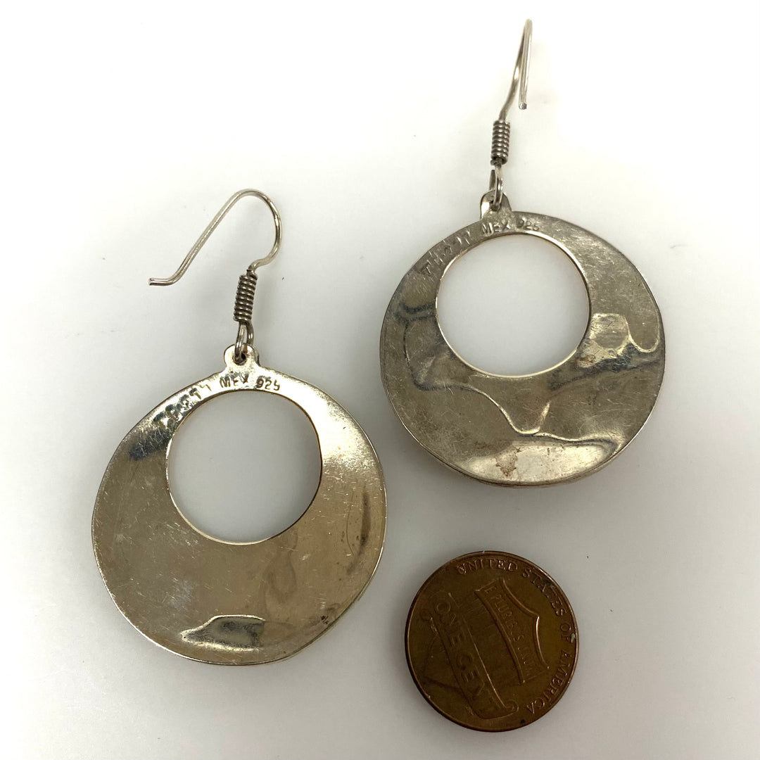 m945 Vintage Sterling Silver Mexican Modernist Dangle Hoop Earrings Abalone Shell Inlay