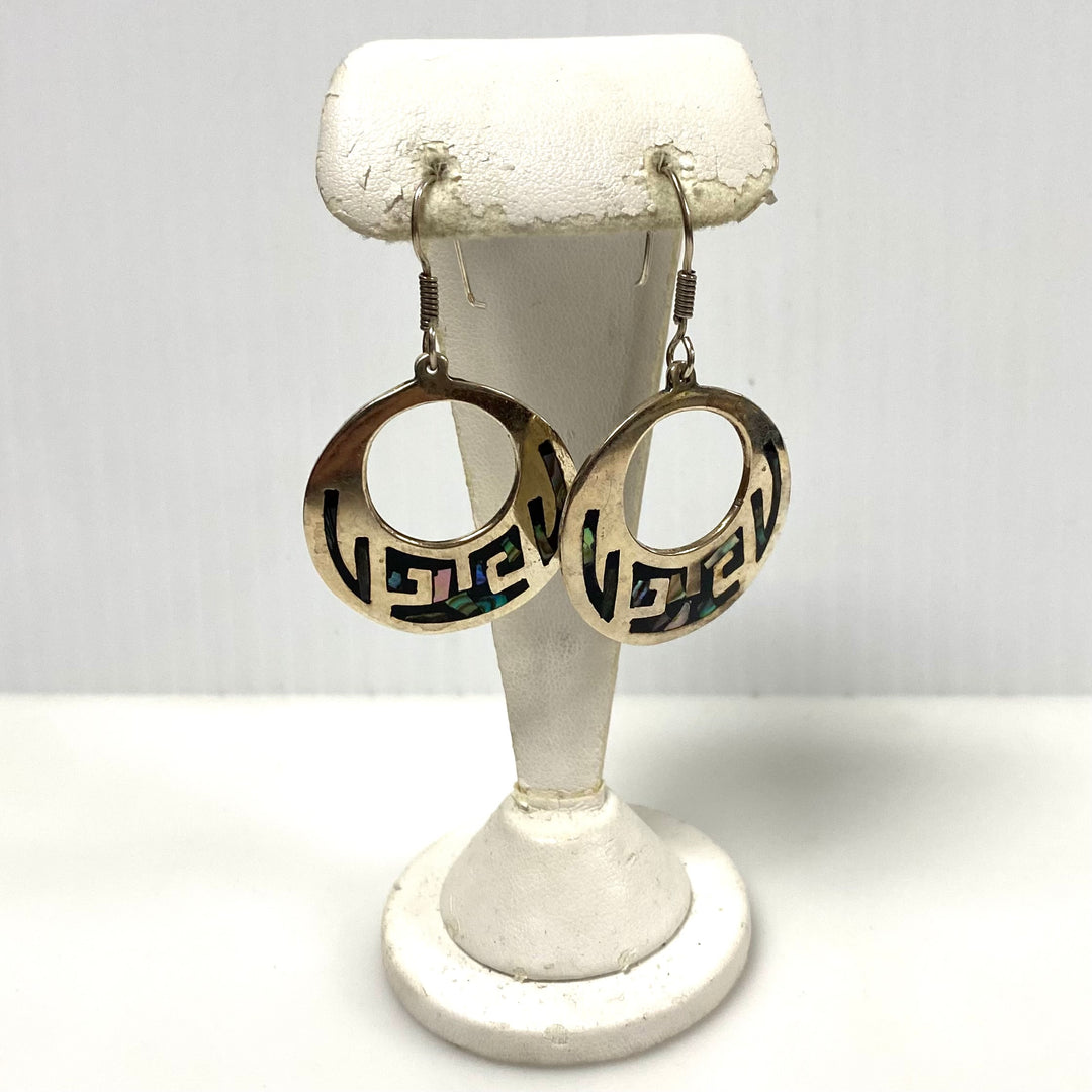 m945 Vintage Sterling Silver Mexican Modernist Dangle Hoop Earrings Abalone Shell Inlay