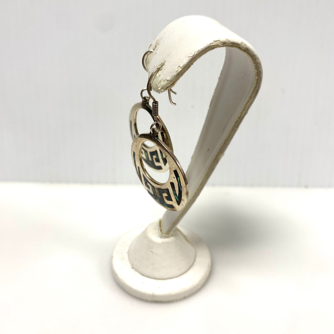 m945 Vintage Sterling Silver Mexican Modernist Dangle Hoop Earrings Abalone Shell Inlay