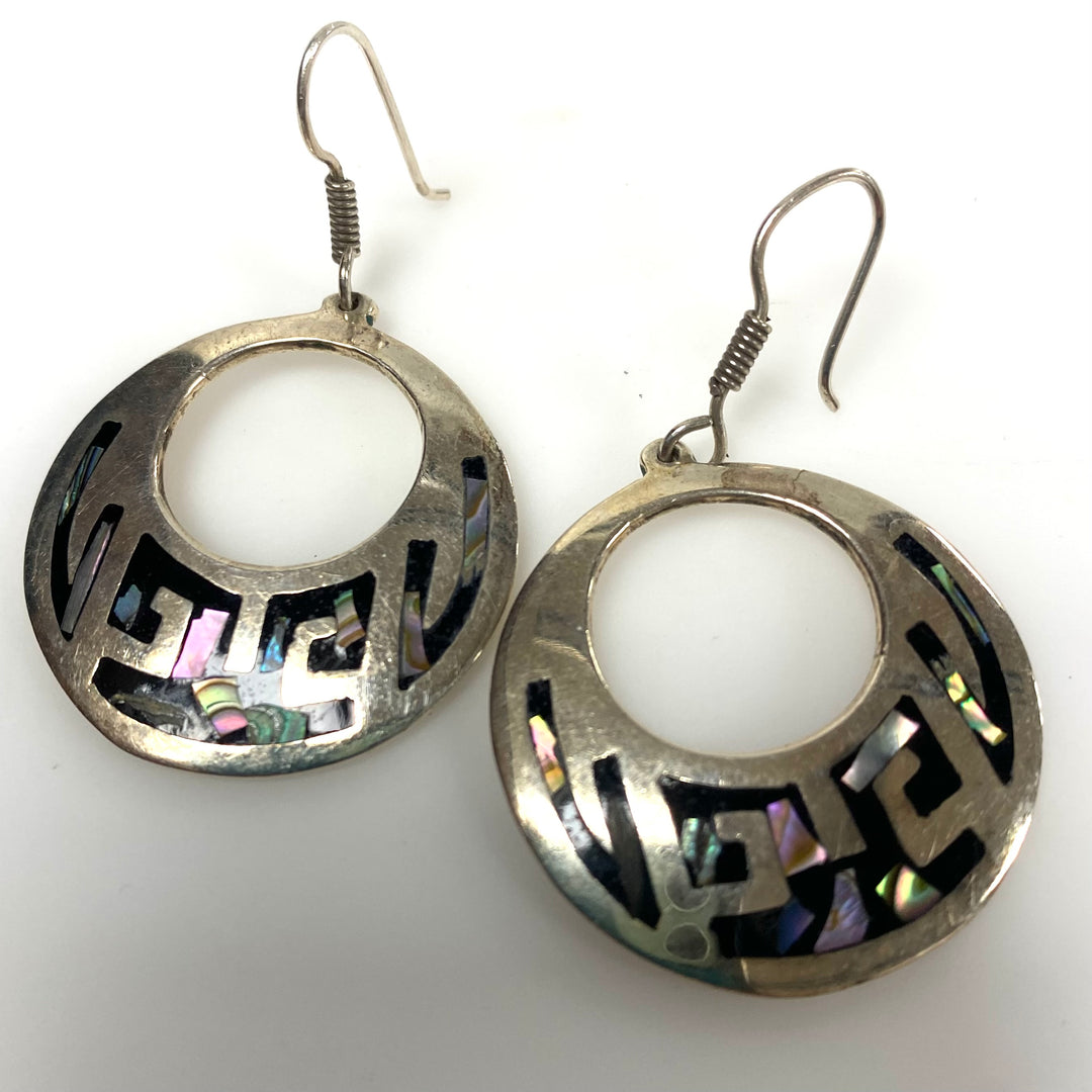 m945 Vintage Sterling Silver Mexican Modernist Dangle Hoop Earrings Abalone Shell Inlay