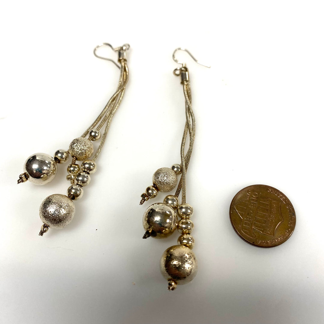 m947 Vintage 925 Sterling Silver 3-strand Long Pierced Dangle Earrings
