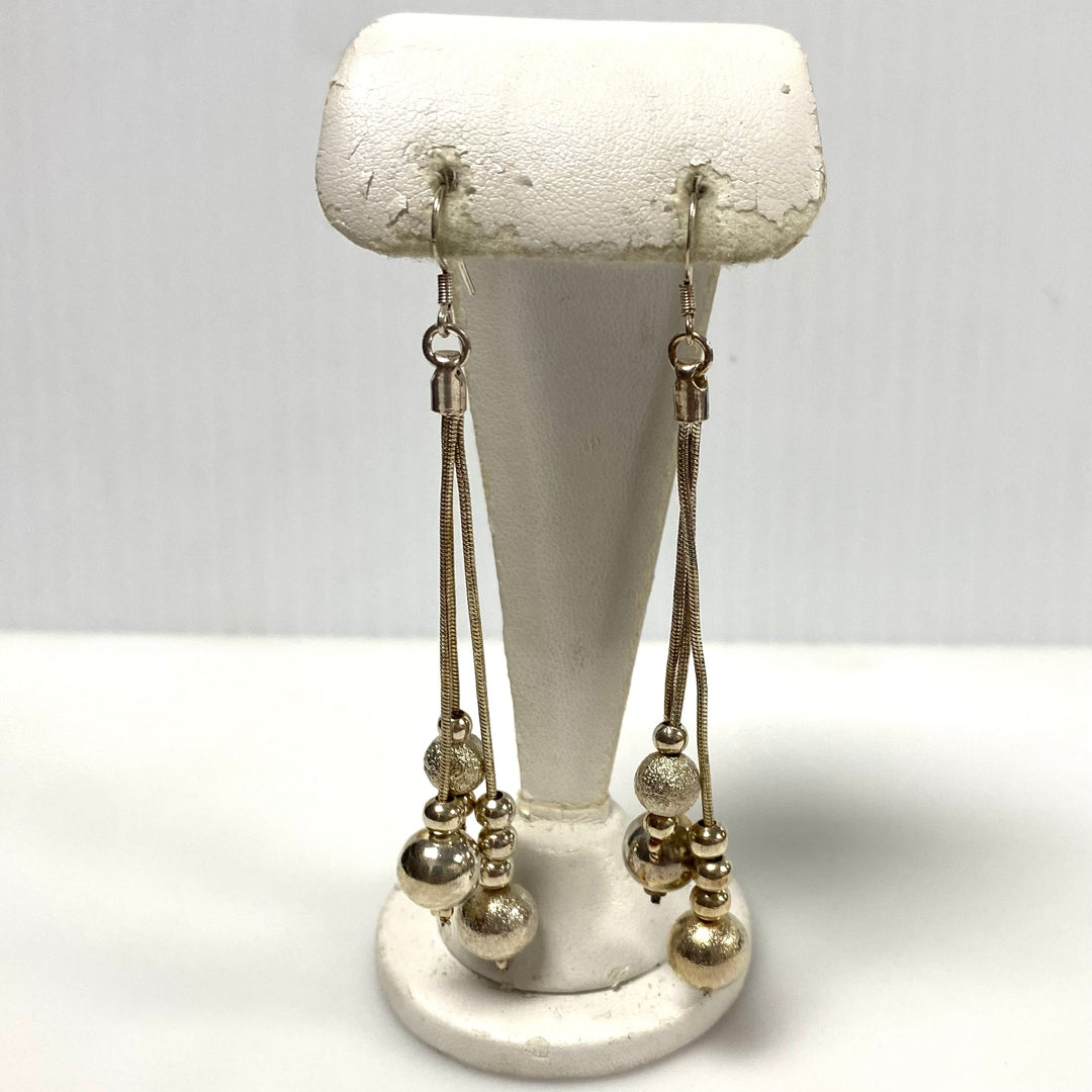 m947 Vintage 925 Sterling Silver 3-strand Long Pierced Dangle Earrings