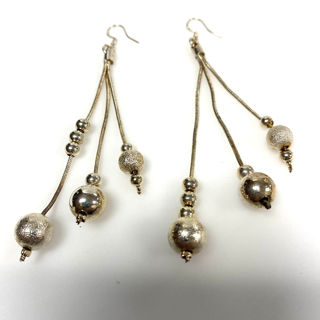 m947 Vintage 925 Sterling Silver 3-strand Long Pierced Dangle Earrings