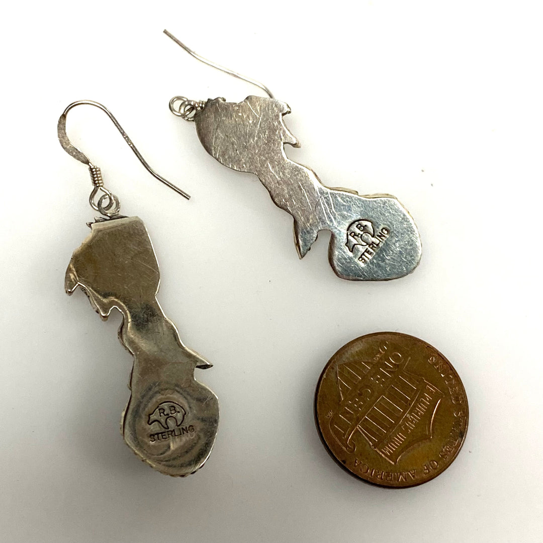 m948 Vintage Navajo-style 925 Silver Horse Turquoise Cabochon Dangle Earrings