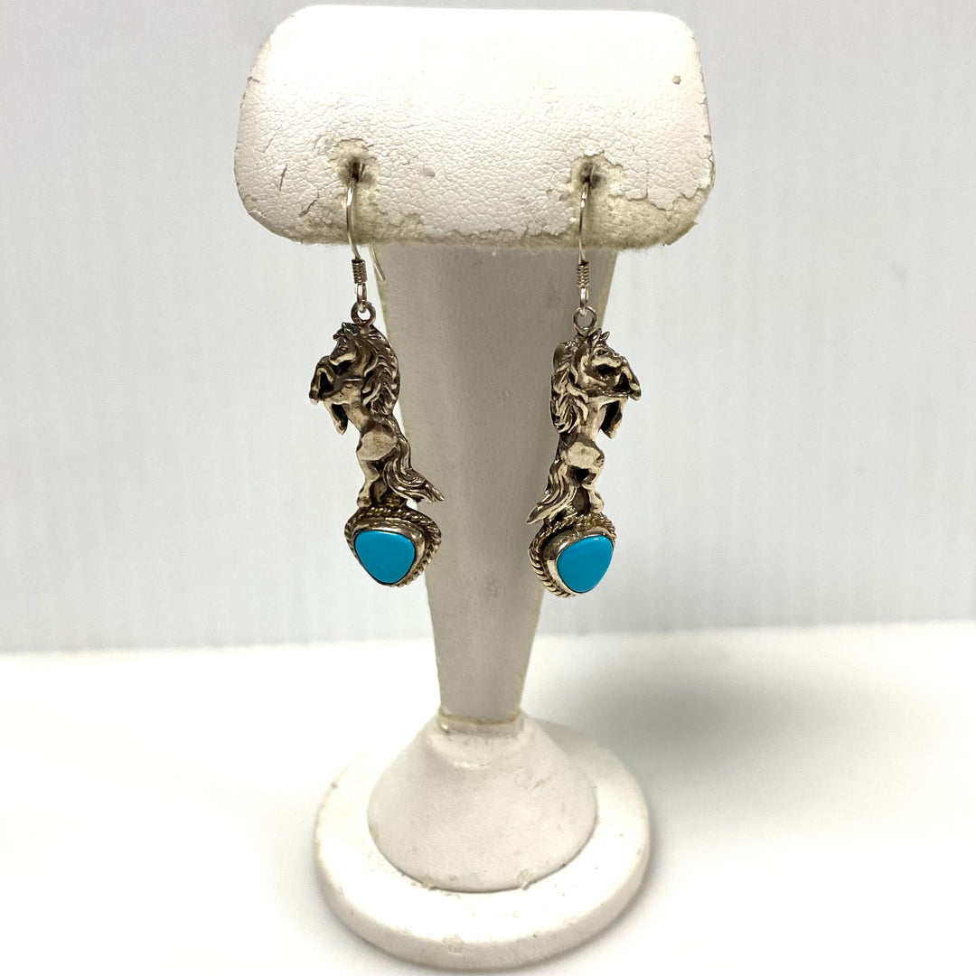 m948 Vintage Navajo-style 925 Silver Horse Turquoise Cabochon Dangle Earrings