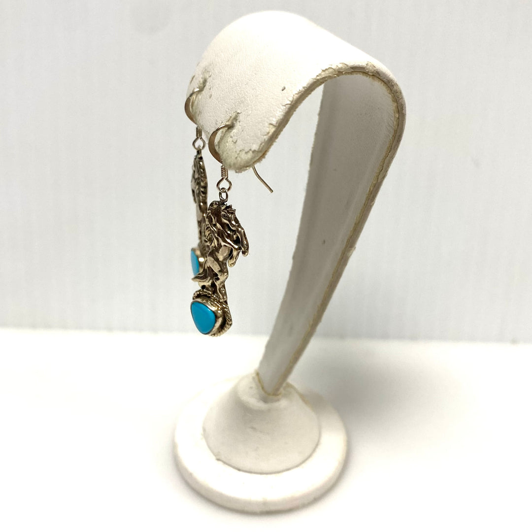 m948 Vintage Navajo-style 925 Silver Horse Turquoise Cabochon Dangle Earrings