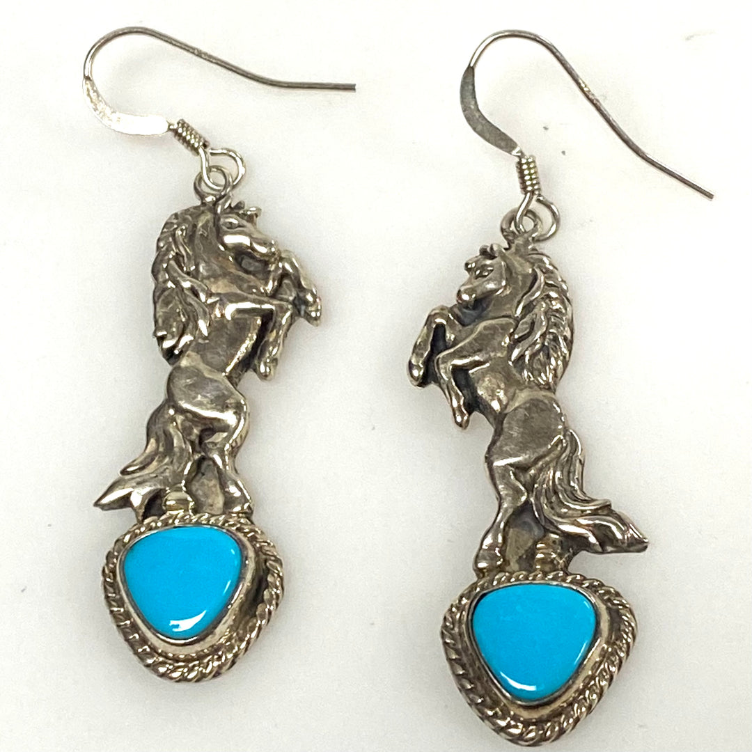 m948 Vintage Navajo-style 925 Silver Horse Turquoise Cabochon Dangle Earrings
