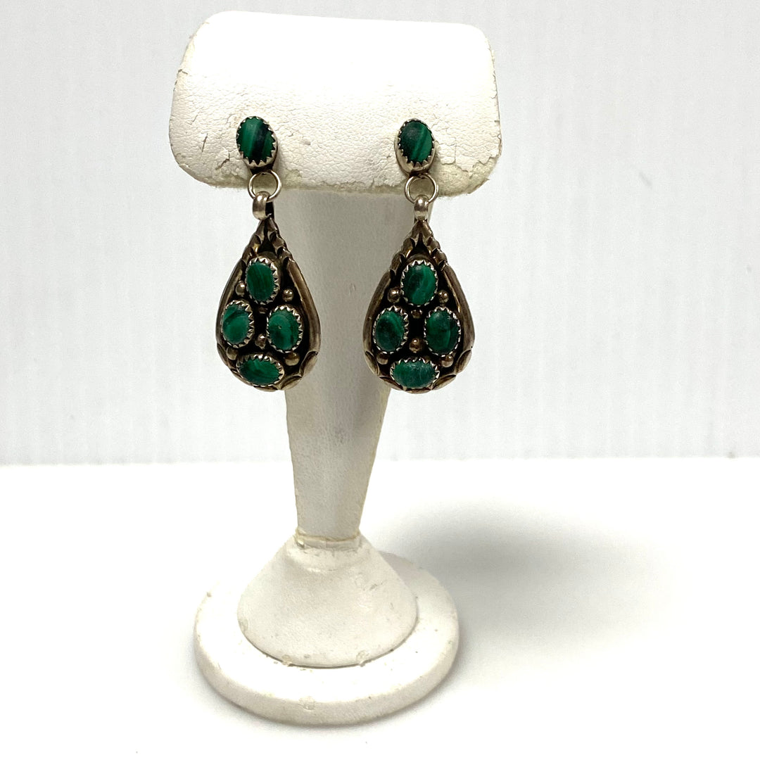 m950 Vintage Sterling Silver Bezel-set Green Malachite Cabochons Dangle Earrings