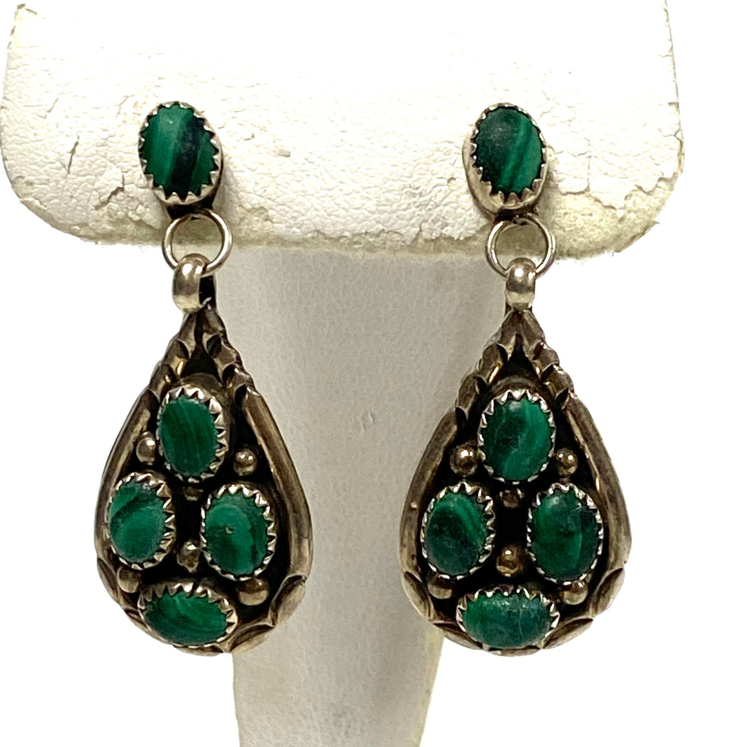 m950 Vintage Sterling Silver Bezel-set Green Malachite Cabochons Dangle Earrings