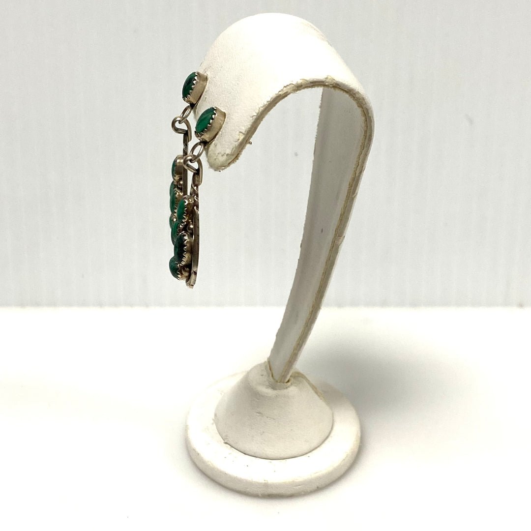 m950 Vintage Sterling Silver Bezel-set Green Malachite Cabochons Dangle Earrings