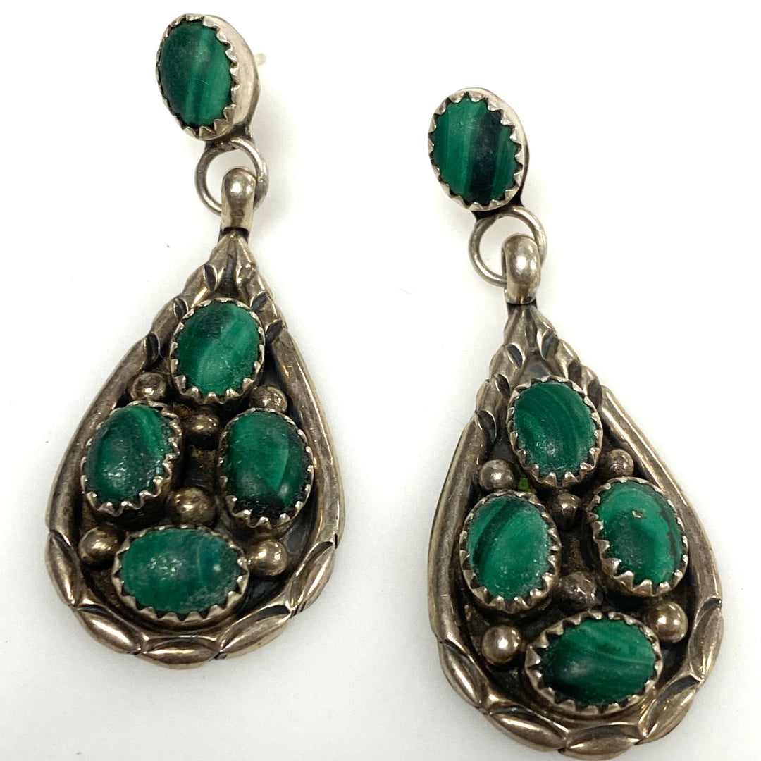 m950 Vintage Sterling Silver Bezel-set Green Malachite Cabochons Dangle Earrings