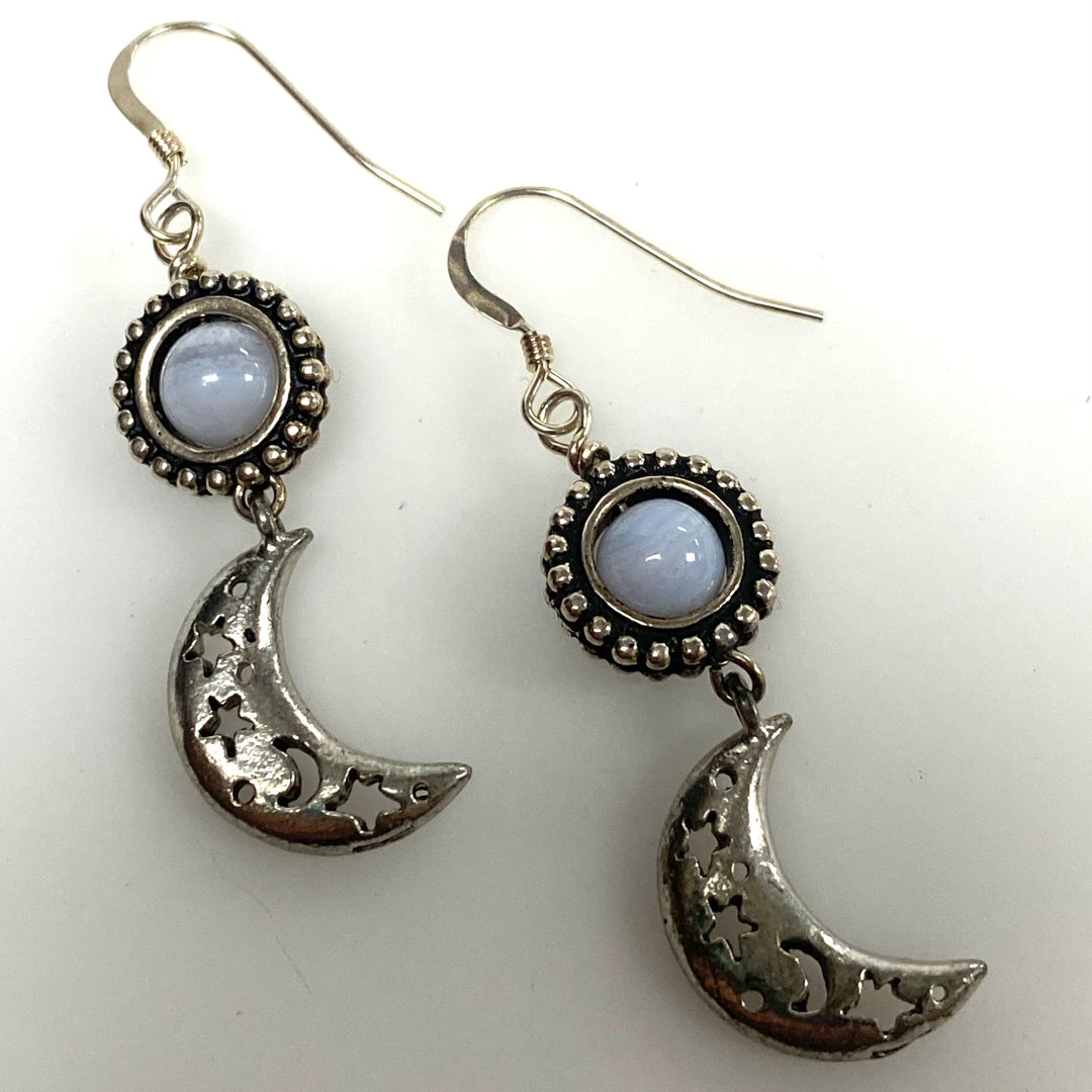 m951 Vintage Sterling Silver Gemstone Bohemian Celestial-themed Dangle Earrings