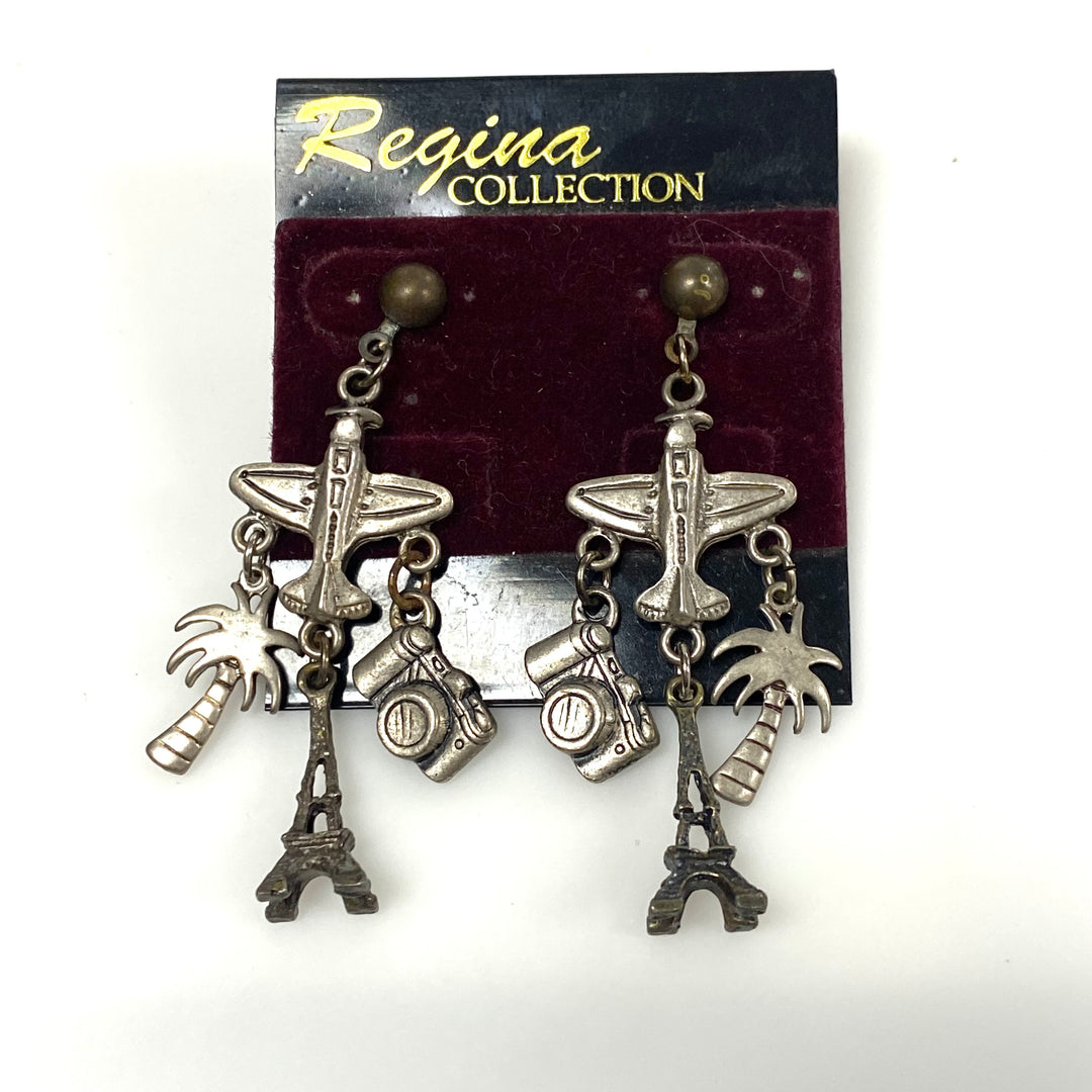 m953 Vintage-style Silver Tone Travel Charm Pierced Dangle Earrings