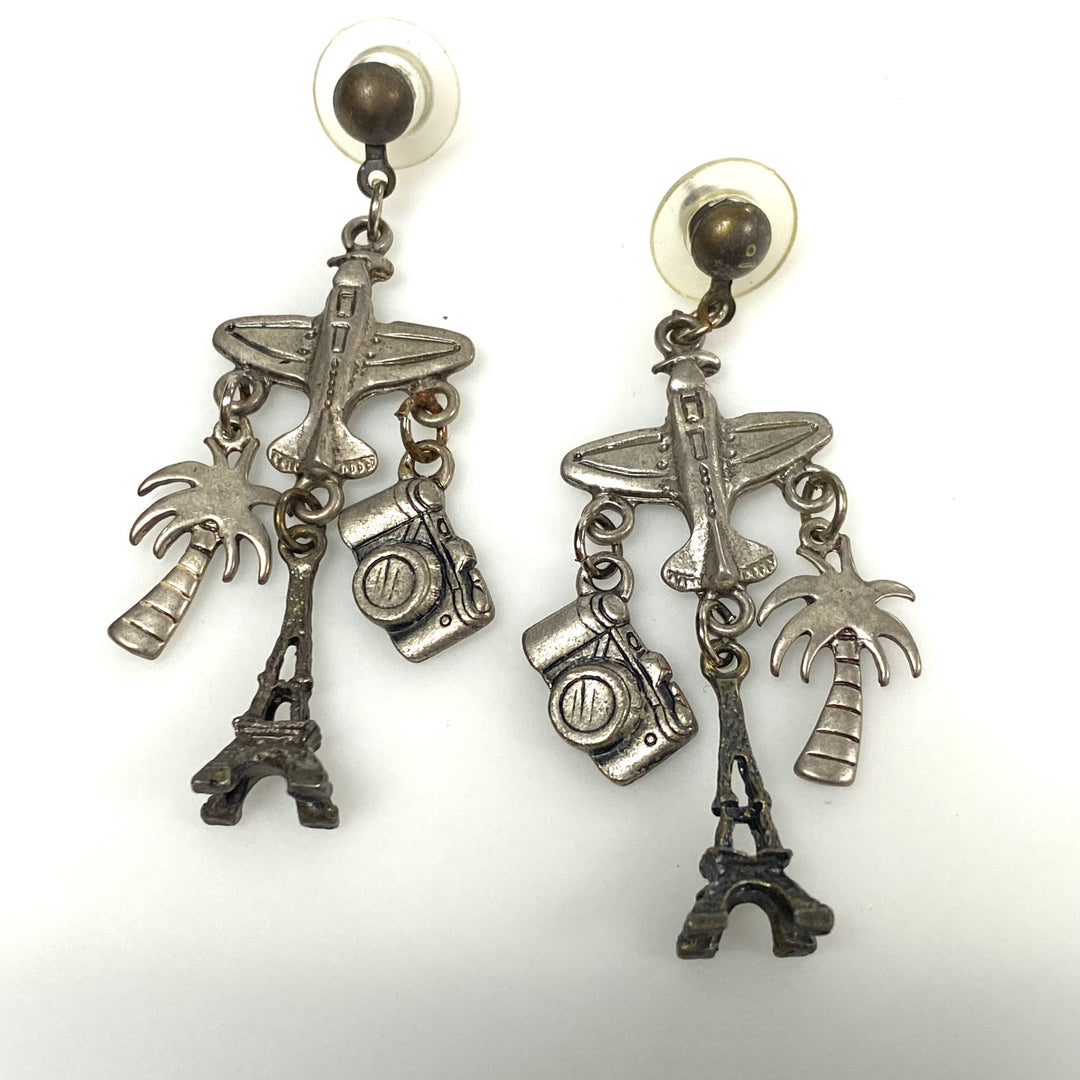 m953 Vintage-style Silver Tone Travel Charm Pierced Dangle Earrings