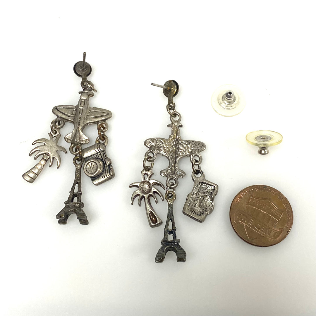 m953 Vintage-style Silver Tone Travel Charm Pierced Dangle Earrings