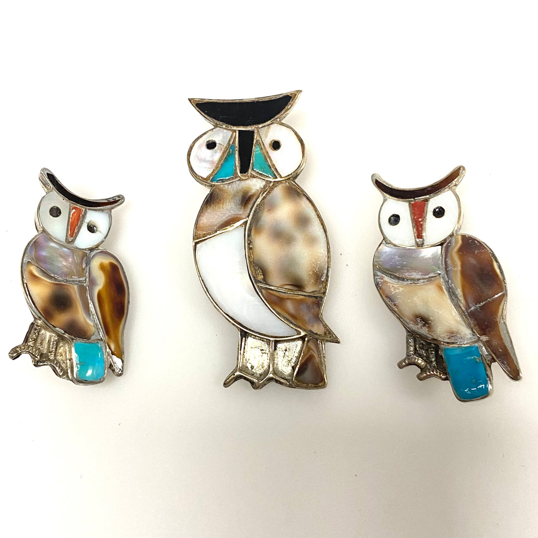 m963 Vintage Sterling Silver Native American Zuni Pueblo stone inlay owl pin set