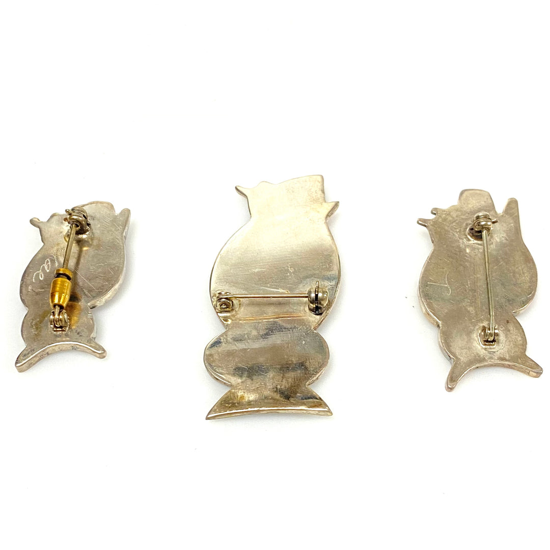 m963 Vintage Sterling Silver Native American Zuni Pueblo stone inlay owl pin set