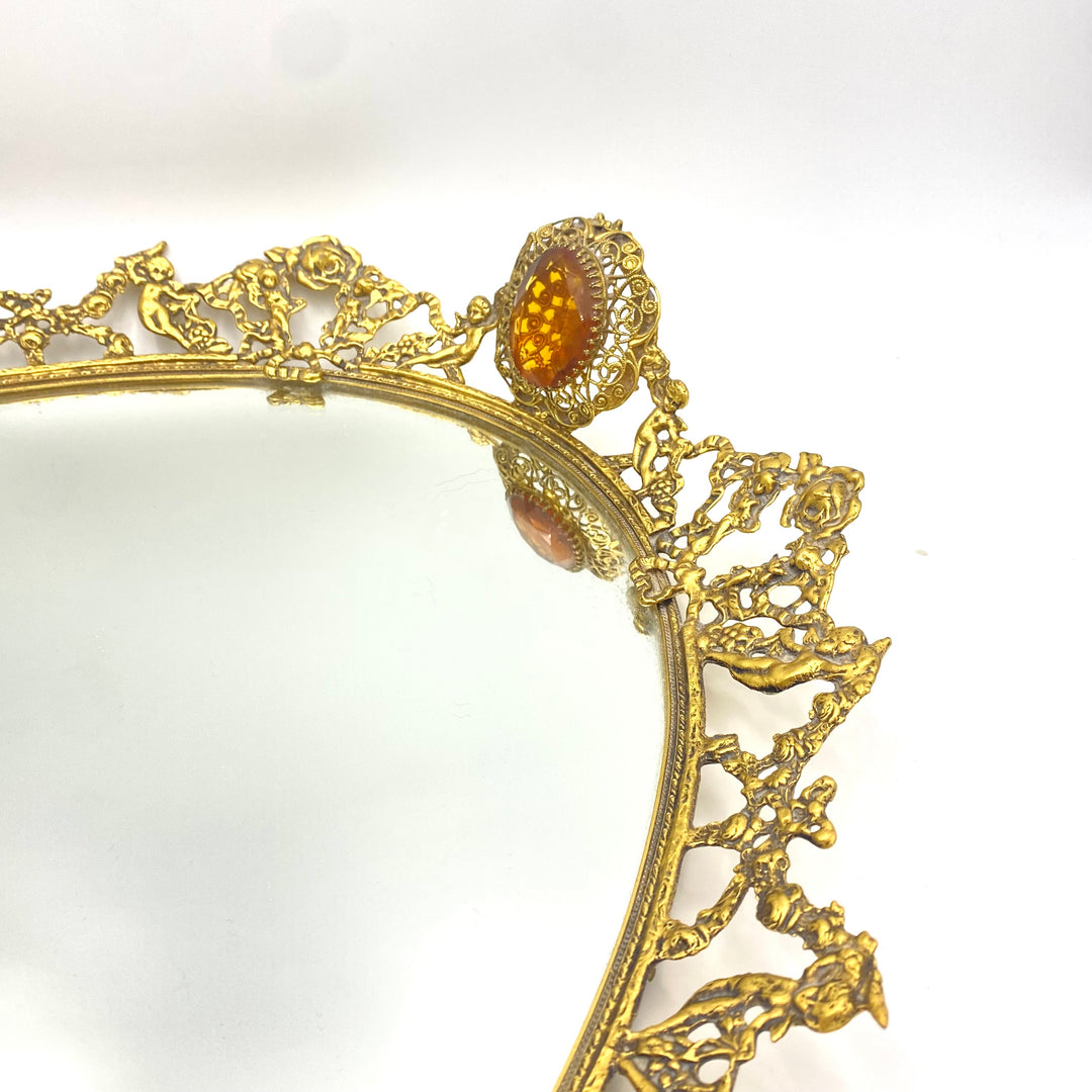 v979 Vintage Hollywood Regency style gold tone filigree mirrored vanity dresser set