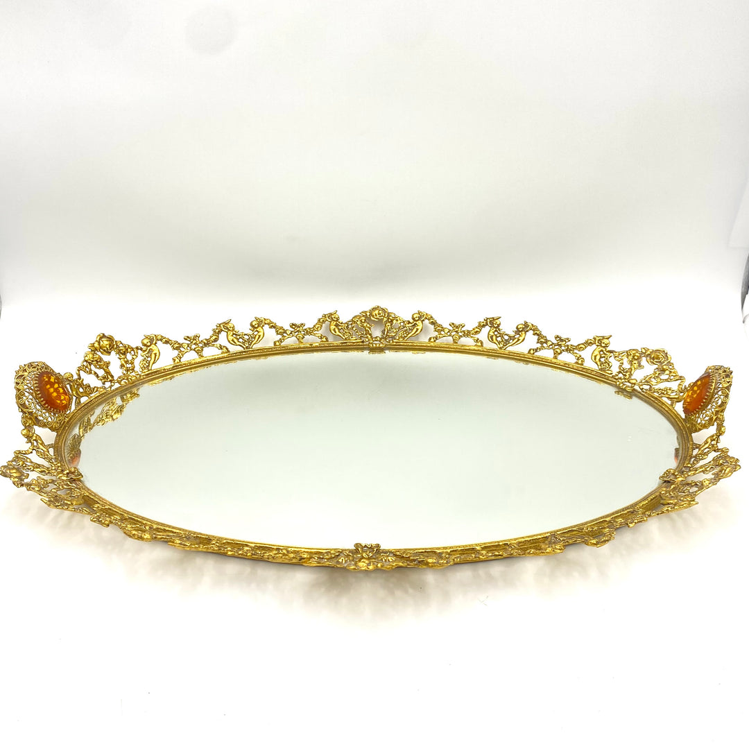 v979 Vintage Hollywood Regency style gold tone filigree mirrored vanity dresser set