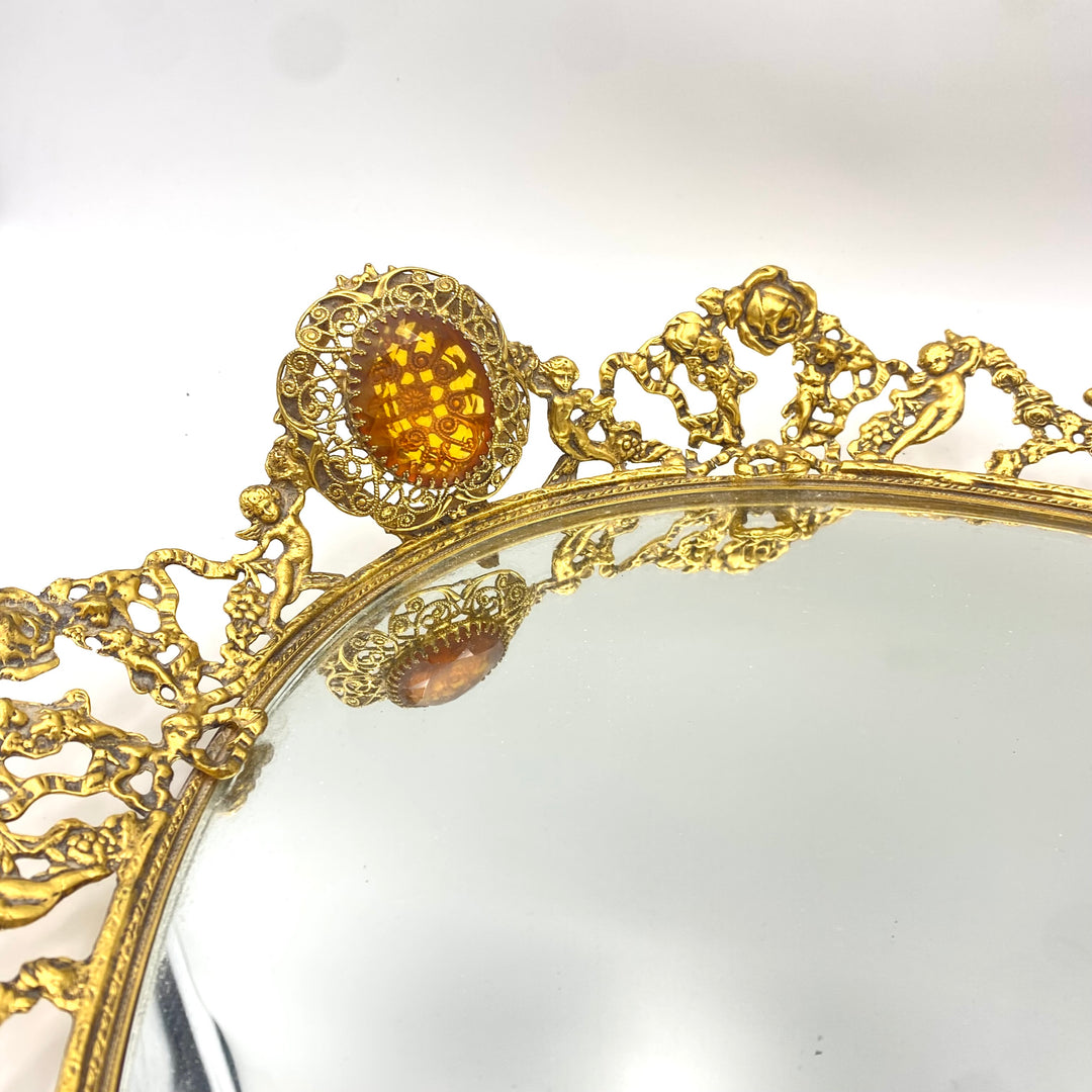 v979 Vintage Hollywood Regency style gold tone filigree mirrored vanity dresser set