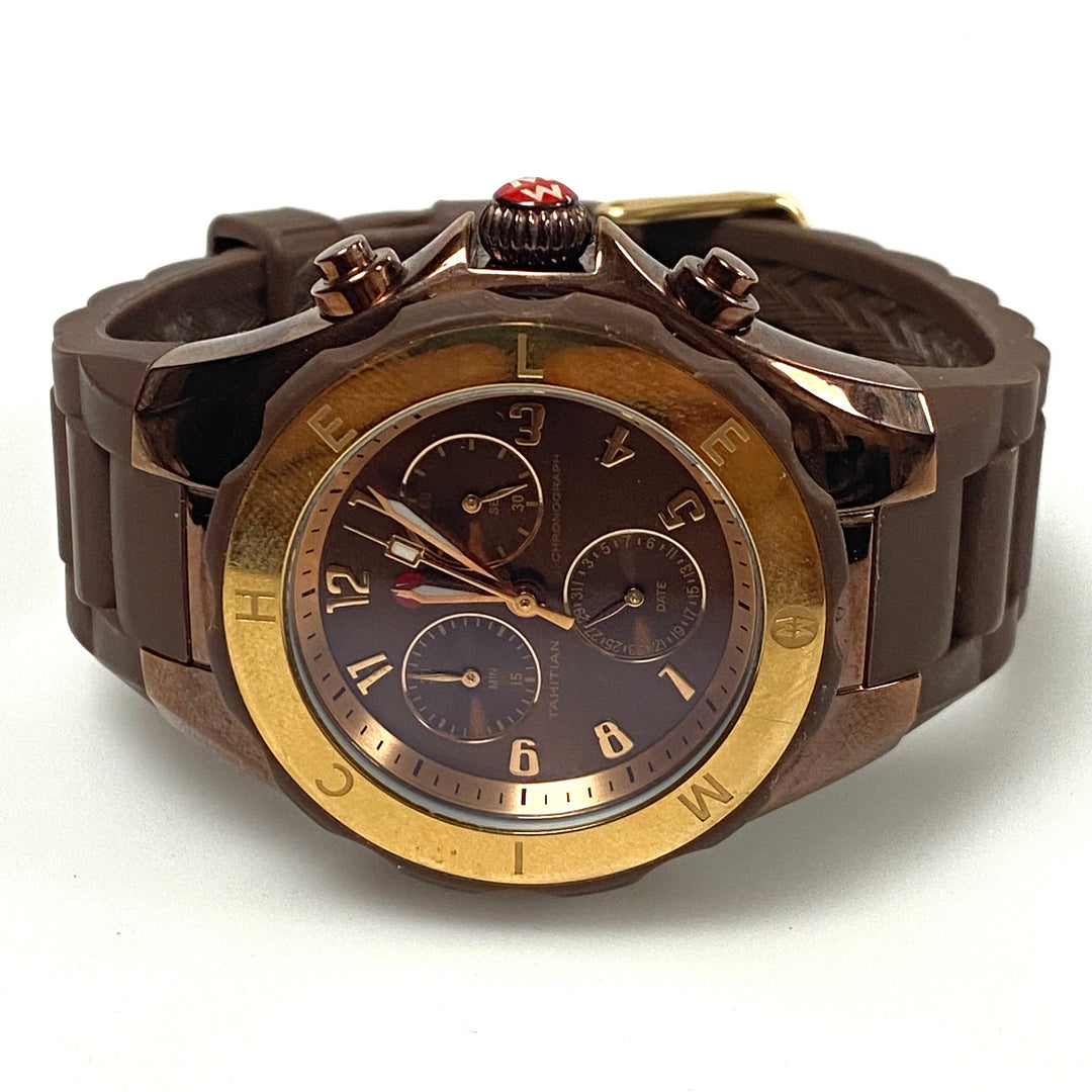 m986 Michele Tahitian Jelly Bean Chronograph Wrist Watch Chocolate Brown Sunray