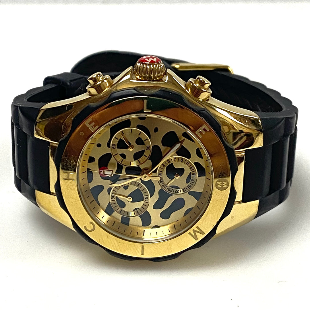 m989 Michele Tahitian Jelly Bean Chronograph Wrist Watch Leopard Print Dial