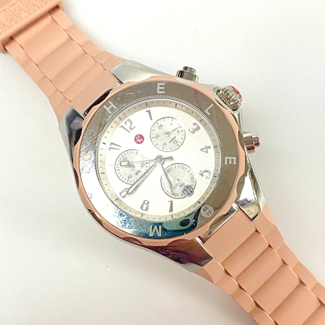 m990 Michele Tahitian Jelly Bean Chronograph Wrist Watch Rose Silver Tone Bezel