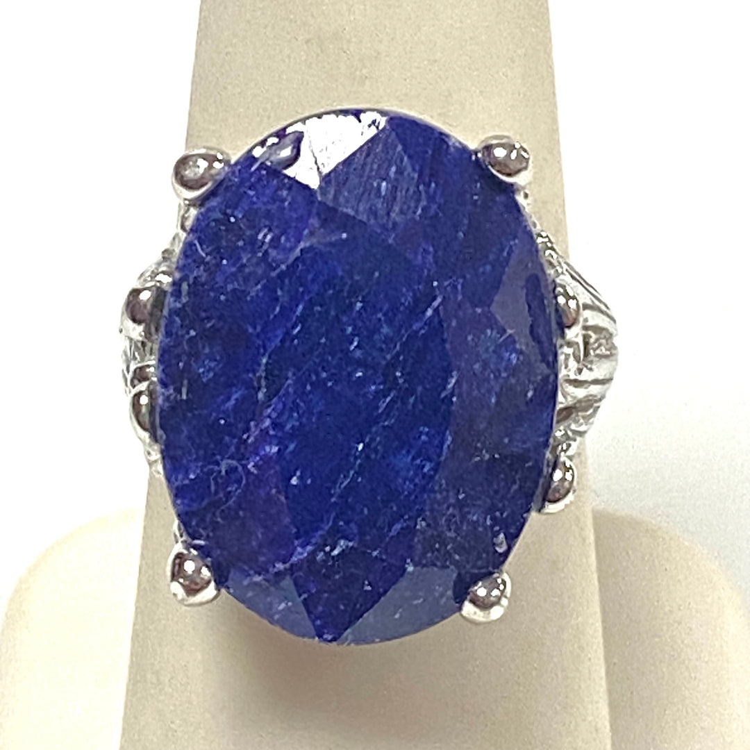 m991 Vintage Sterling Silver Statement Ring Oval Faceted Natural Sapphire Ring 7