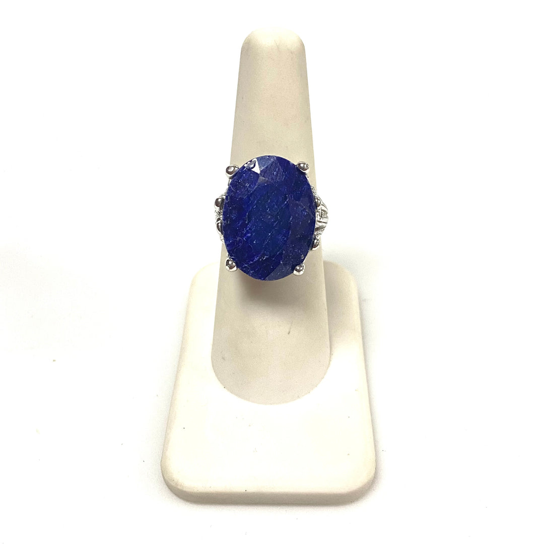 m991 Vintage Sterling Silver Statement Ring Oval Faceted Natural Sapphire Ring 7