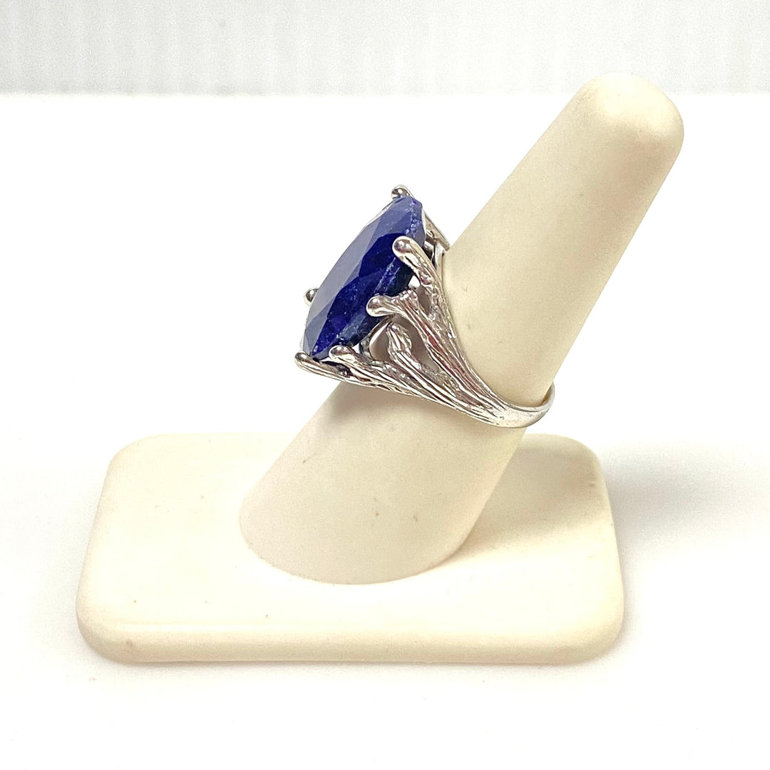 m991 Vintage Sterling Silver Statement Ring Oval Faceted Natural Sapphire Ring 7