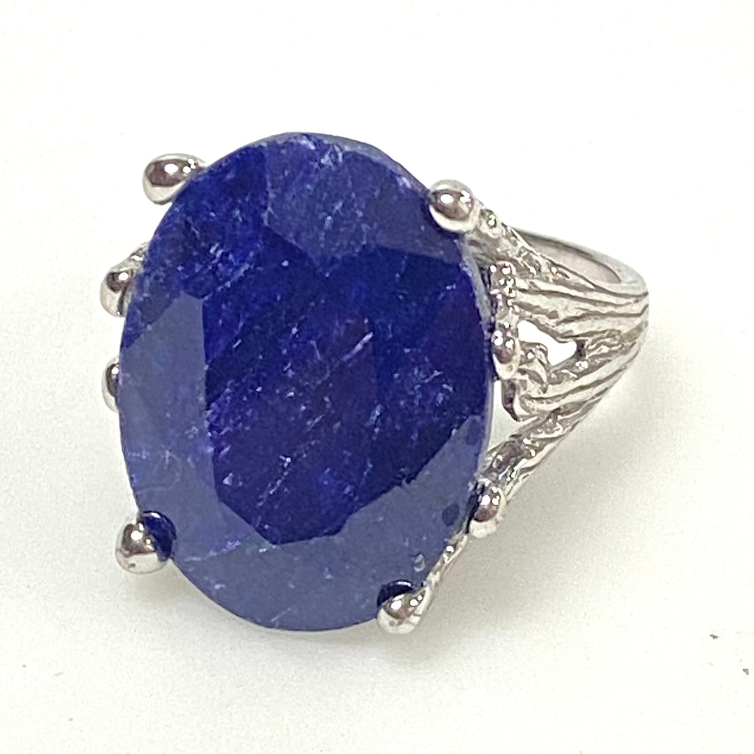 m991 Vintage Sterling Silver Statement Ring Oval Faceted Natural Sapphire Ring 7