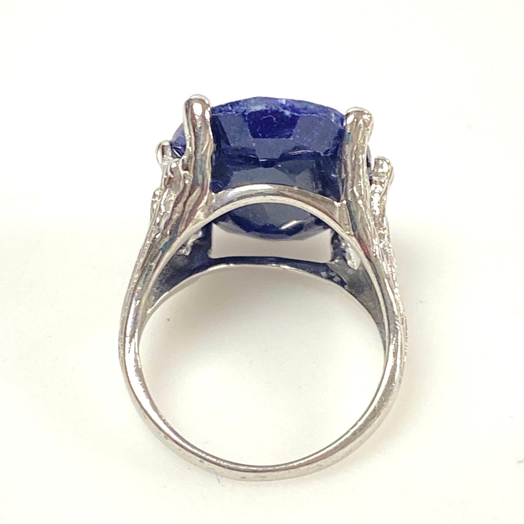 m991 Vintage Sterling Silver Statement Ring Oval Faceted Natural Sapphire Ring 7