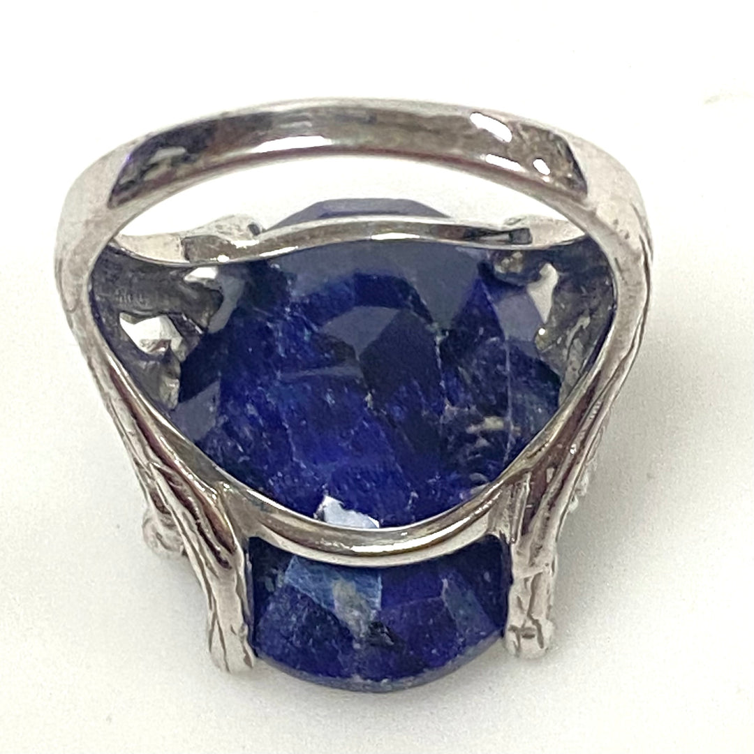 m991 Vintage Sterling Silver Statement Ring Oval Faceted Natural Sapphire Ring 7