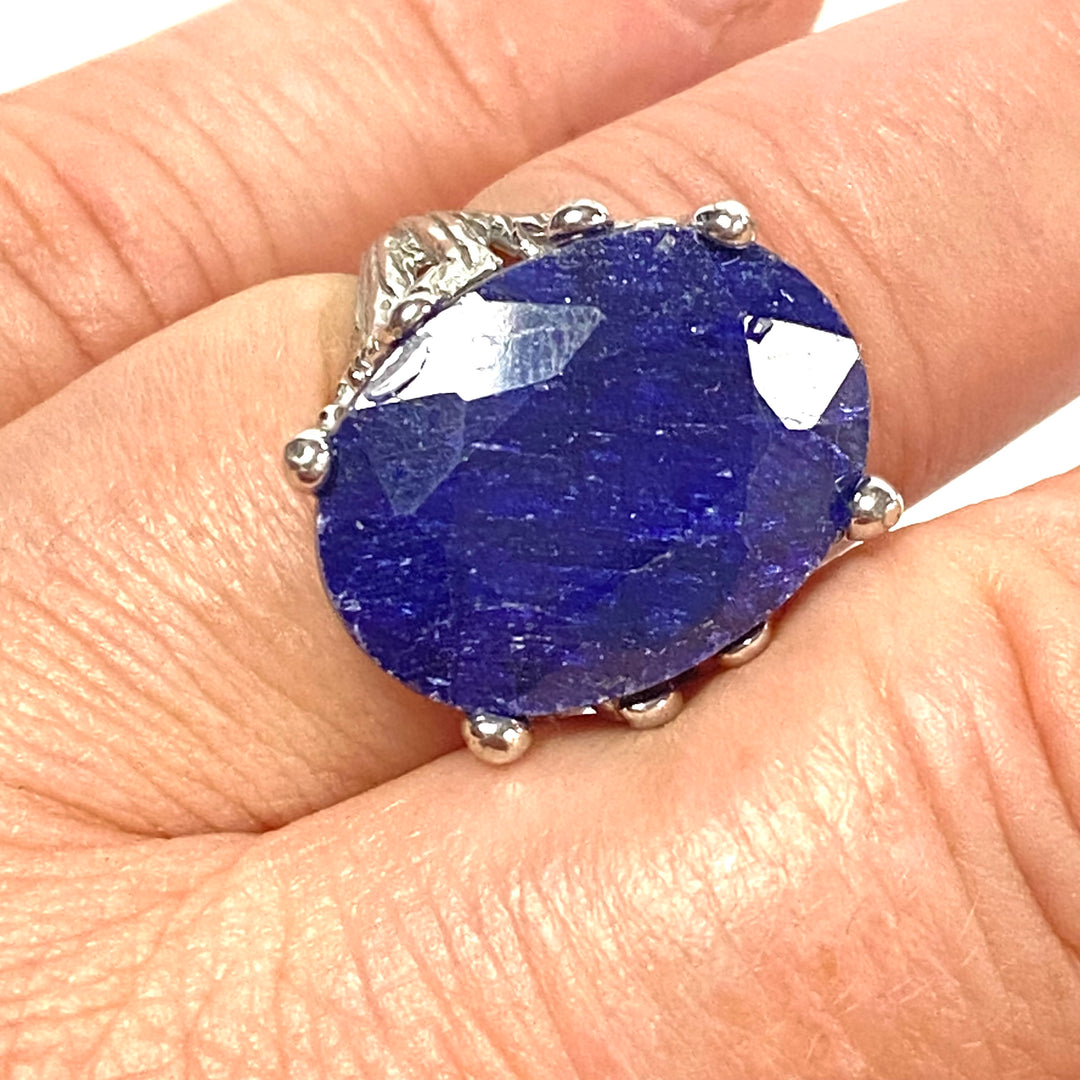 m991 Vintage Sterling Silver Statement Ring Oval Faceted Natural Sapphire Ring 7