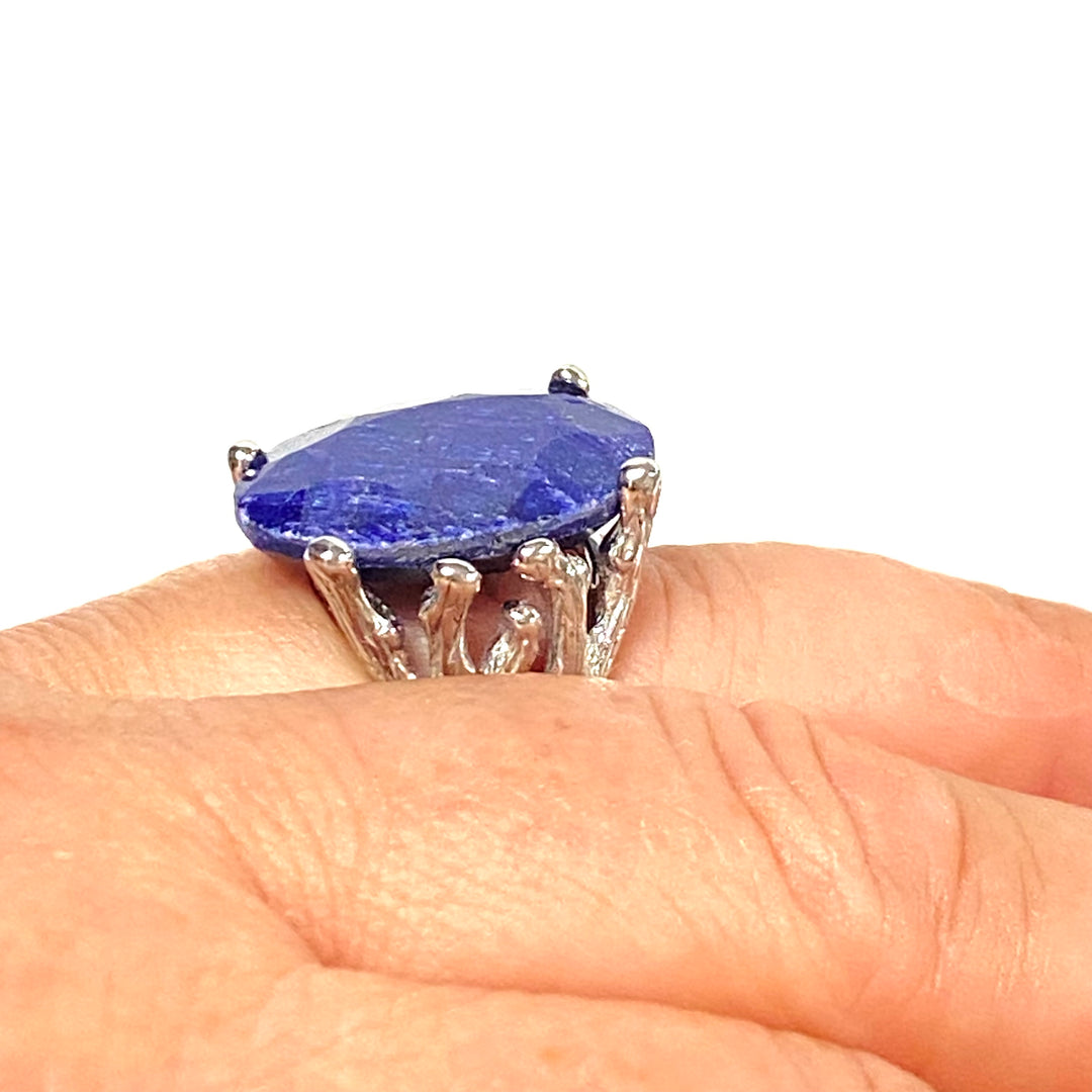 m991 Vintage Sterling Silver Statement Ring Oval Faceted Natural Sapphire Ring 7