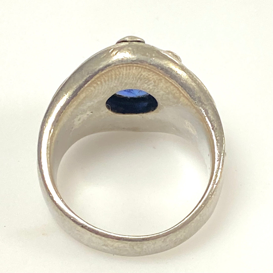 m992 Vintage Sterling Silver Signet Ring Center Blue Stone Filigree Frame 10.75