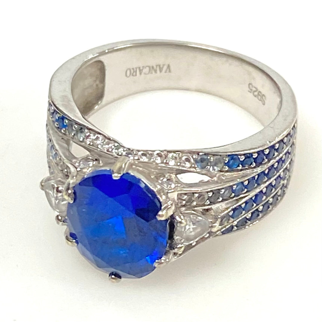 m995 Vintage Vancaro Sterling Oval-cut Blue Center Sapphire Cocktail Ring Size 6
