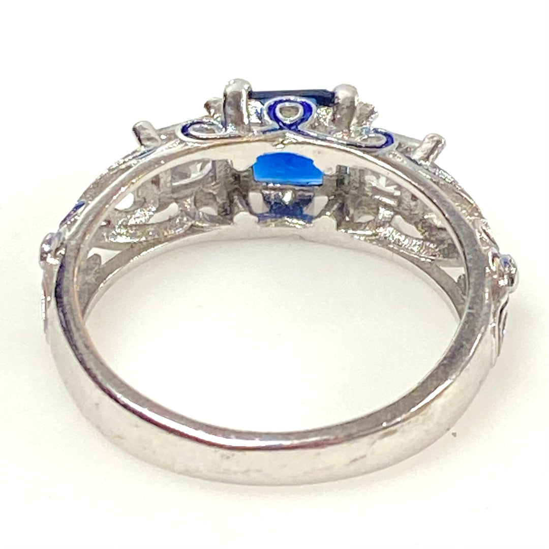 m996 Vintage Princess-cut Royal Blue Center Stone Sterling 925 Filigree Ring 9