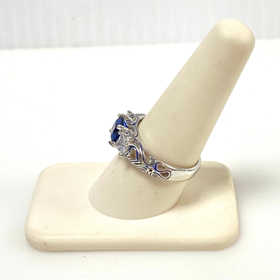 m996 Vintage Princess-cut Royal Blue Center Stone Sterling 925 Filigree Ring 9