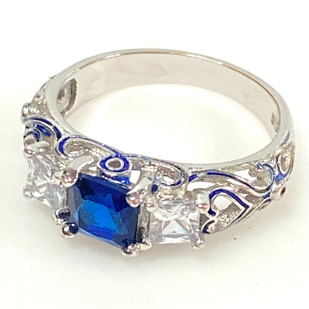 m996 Vintage Princess-cut Royal Blue Center Stone Sterling 925 Filigree Ring 9