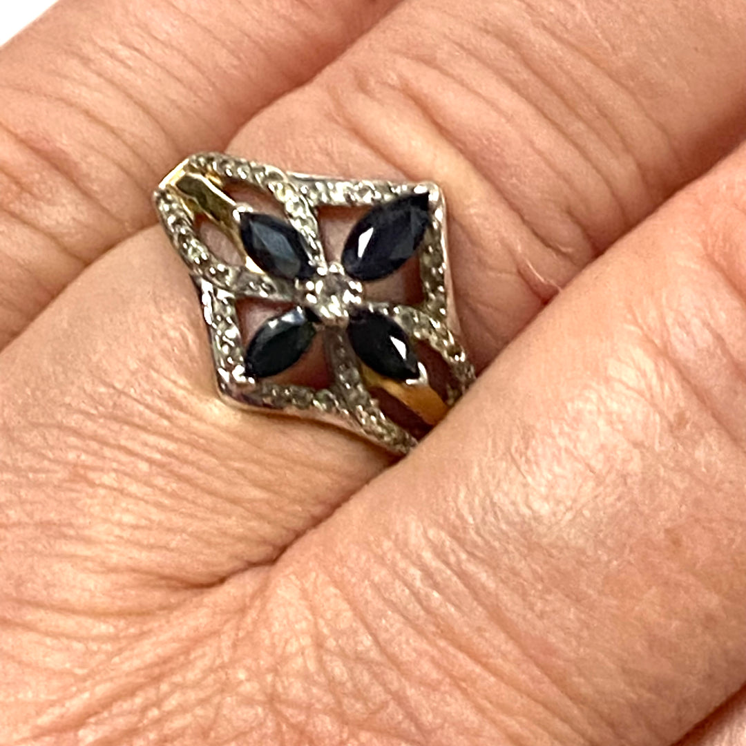 m998 BGE Vintage The Promise of Faith Sapphire and White Topaz Cross Ring Size 8