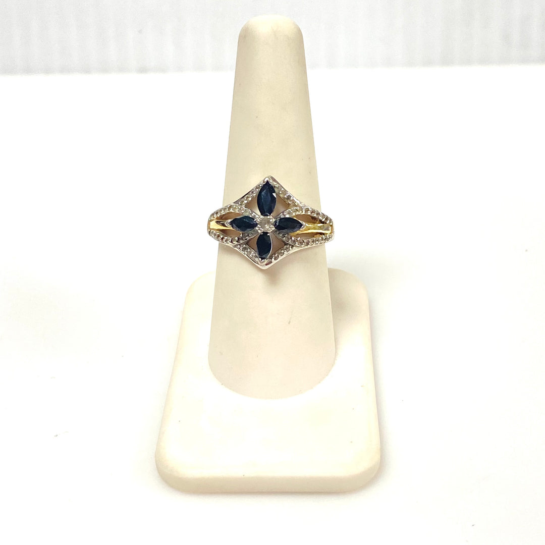 m998 BGE Vintage The Promise of Faith Sapphire and White Topaz Cross Ring Size 8