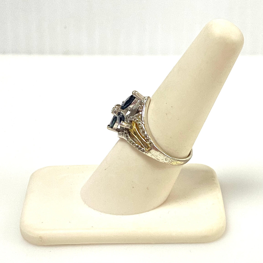 m998 BGE Vintage The Promise of Faith Sapphire and White Topaz Cross Ring Size 8