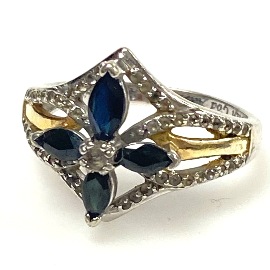 m998 BGE Vintage The Promise of Faith Sapphire and White Topaz Cross Ring Size 8