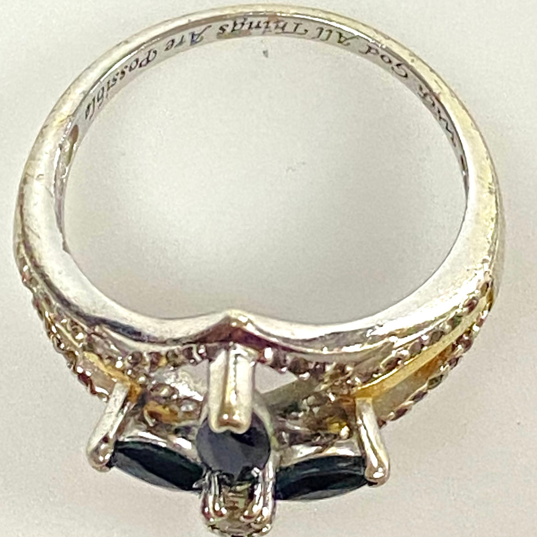 m998 BGE Vintage The Promise of Faith Sapphire and White Topaz Cross Ring Size 8