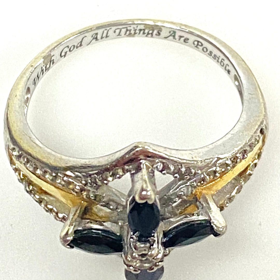 m998 BGE Vintage The Promise of Faith Sapphire and White Topaz Cross Ring Size 8