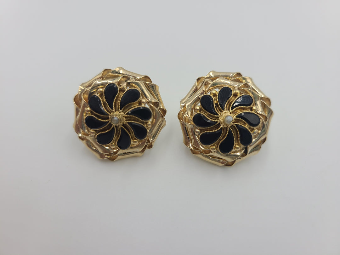 k651 Lovely Ladies 14kt Yellow Gold Onyx and Seed Pearl Bow Style Earrings