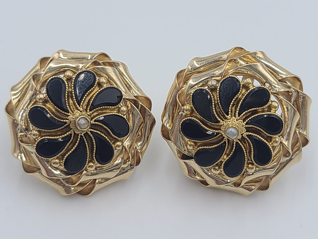 k651 Lovely Ladies 14kt Yellow Gold Onyx and Seed Pearl Bow Style Earrings