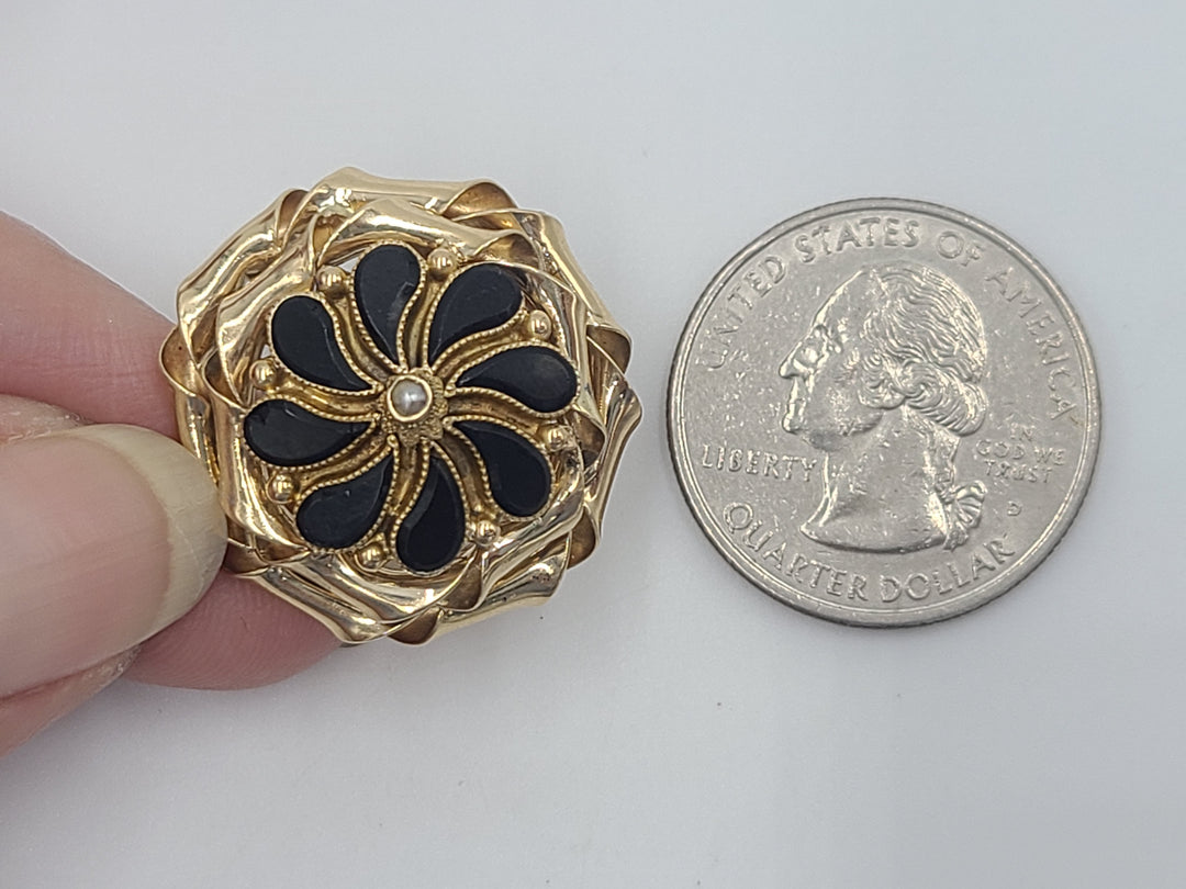 k651 Lovely Ladies 14kt Yellow Gold Onyx and Seed Pearl Bow Style Earrings