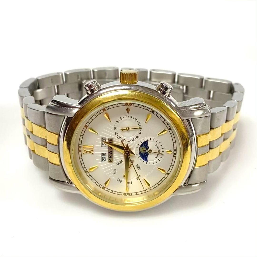 w064 Prague Men's Automatic Multi-Dial Wrist Watch Classic Two-tone Stainless